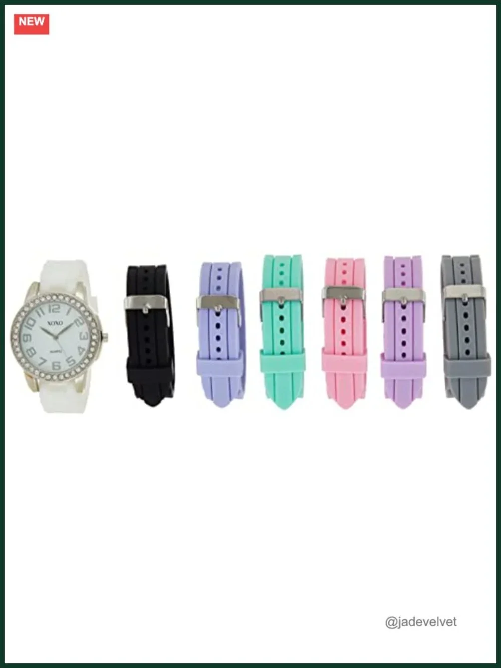 Silver-Tone Analog Watch Crystal-Accent Bezel 7 Interchangeable Silicone Bands